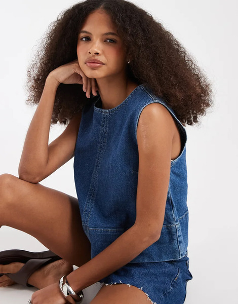  Pieces Sleeveless Denim Top In Medium Blue 