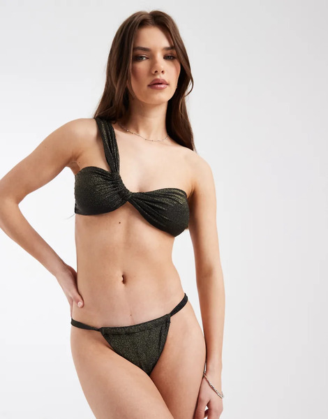 Pieces String Side Bikini Bottom Co Ord In Black And Gold Glitter 