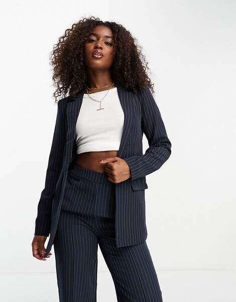  Pieces Tailored Blazer Co Ord In Navy Pinstripe 