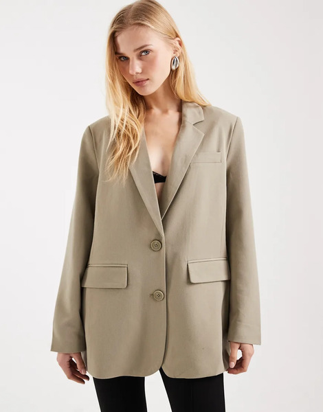  Pieces Tailored Oversized Boxy Blazer In Pale Khaki Green 