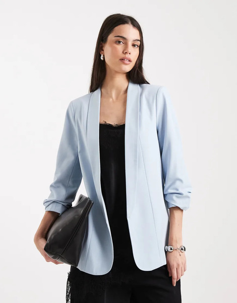  Pieces Tailored Ruched Sleeve Blazer In Light Blue 