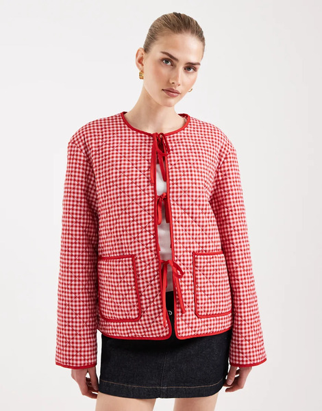  Pieces Tie Front Quilted Jacket In Red And White Gingham 