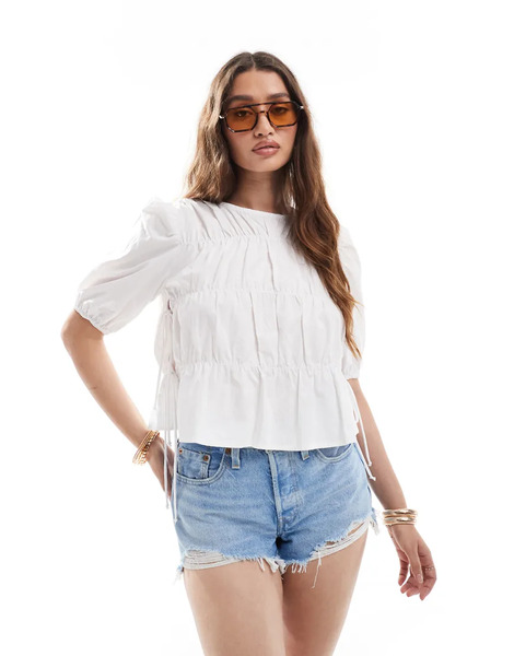  Pieces Tie Side Ruched Top In White 