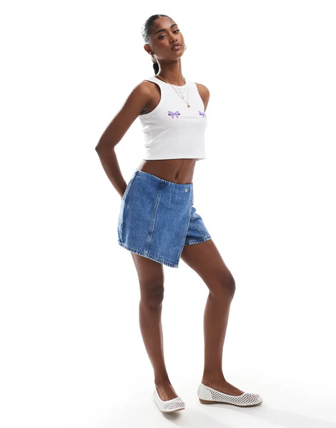  Pieces Wrap Front Denim Mini Skort In Mid Blue 