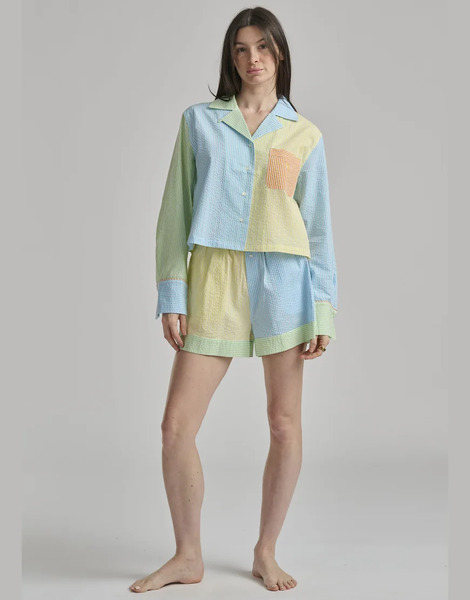  Polo Ralph Lauren Polo Ralph Lauren Seersucker Long Sleeve Crop Top And Short Sleep Set In Multicolour In Multicolour 