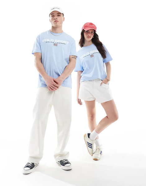  Polo Ralph Lauren Sport Capsule Unisex Large Chest Flag Logo T Shirt Classic Oversized Fit In Light Blue 
