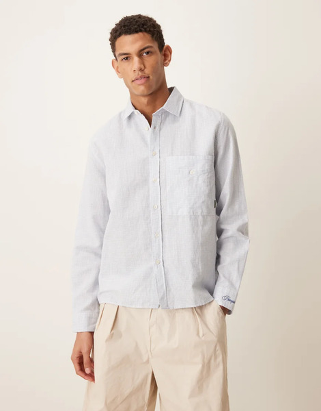  Pompeii Micro Check Long Sleeve Linen Shirt In Blue 