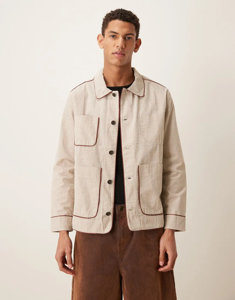  Pompeii Striped Structured Button Up Chore Jacket In Cream Neutral 