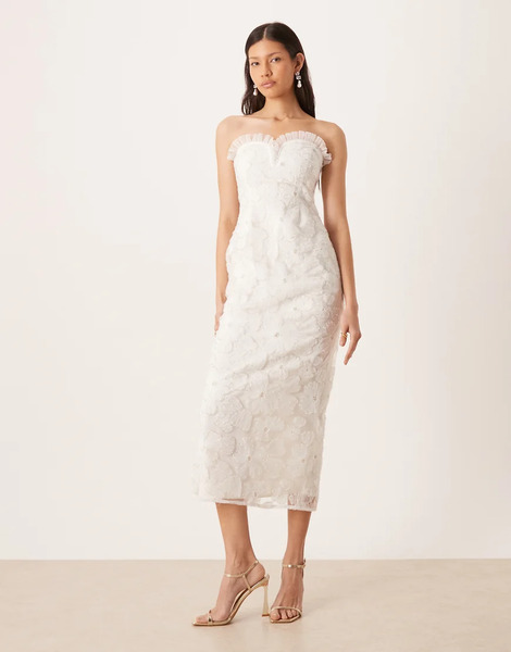  Pretty Lavish Bridal Floral Tulle Beaded Sleeveless Sweetheart Frill Neck Midaxi Dress In Ivory White 