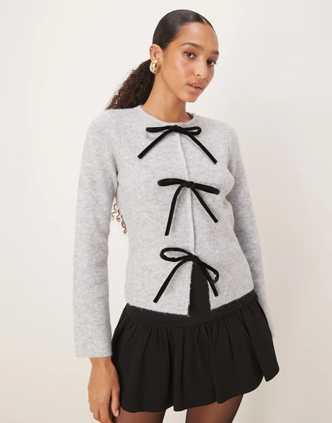  Pretty Lavish Knitted Contrast Triple Bow Cardigan In Grey 