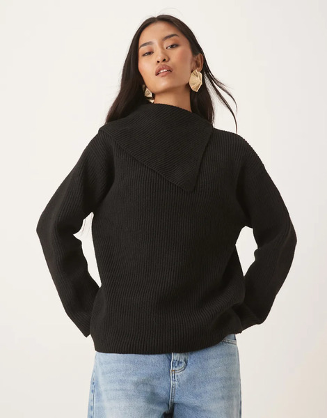  Pretty Lavish Split Collar Oversized Knit Jumper In Black 