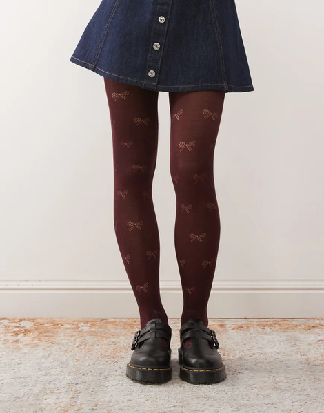  Pretty Polly Bow Pattern Tights In Burgundy Red 