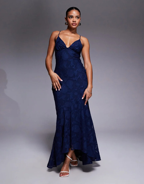  Princess Polly Cyrene Floral Devore Plunge Open Strappy Back Detail High Low Fishtail Maxi Dress In Navy 