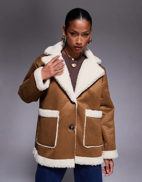  Princess Polly Marysville Suede Collared Borg Fur Trim Pocket Front Oversized Jacket In Camel Neutral 