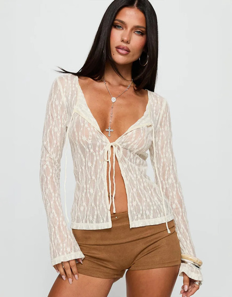  Princess Polly Open Your Heart Floral Lace Sheer Tie Detail Split Front Long Sleeve Top In Cream White 