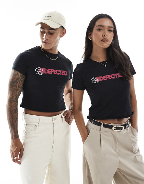  Prnt   Defected Records   Floral Logo Cropped Tee In Black 