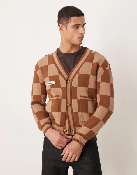  Prohibited Checked Cardigan In Brown 