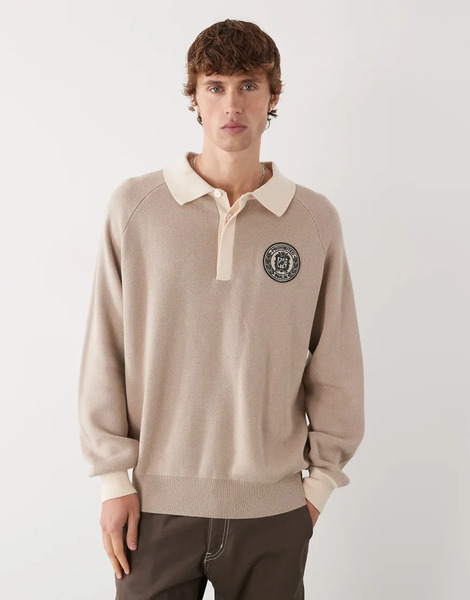  Prohibited Long Sleeve Oversized Emblem Patch Logo Knit Polo In Beige Neutral 