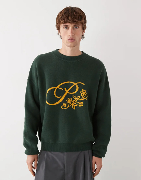  Prohibited Oversized Bloom Logo Knit Jumper In Dark Green 