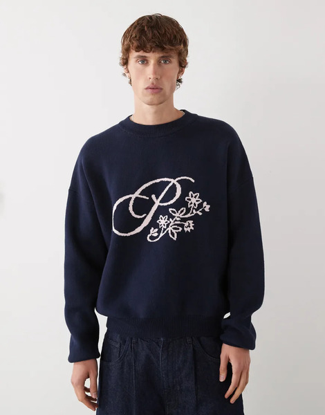  Prohibited Oversized Bloom Logo Knit Jumper In Navy 