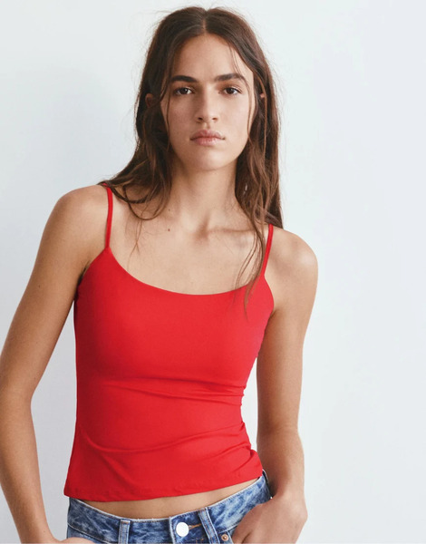  Pull & Bear Adjustable Thin Strap Top In Red 