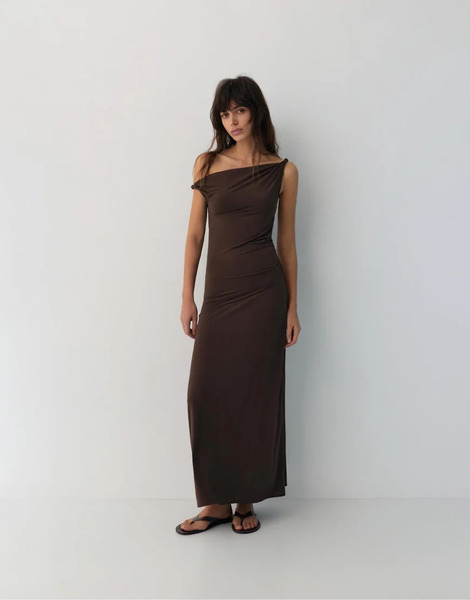  Pull & Bear Asymmetric Midi Dress In Brown 