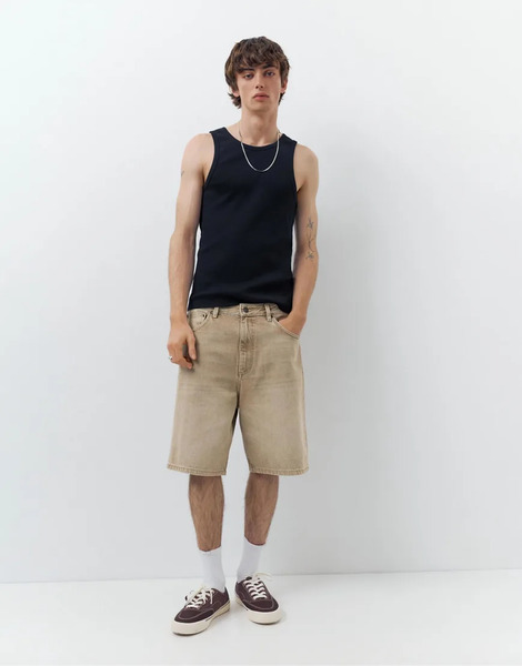  Pull & Bear Baggy Denim Bermuda Shorts In Medium Ecru Neutral 