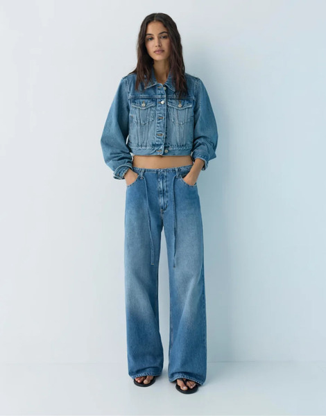  Pull & Bear Baggy Jeans With Drawstring In Medium Blue 