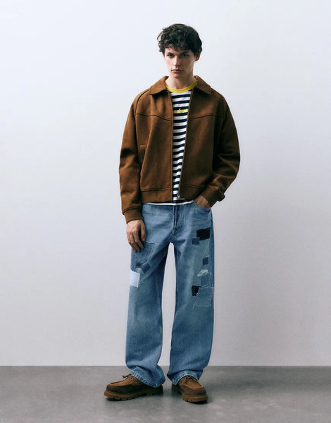 Pull & Bear Baggy Patchwork Jeans In Medium Blue 
