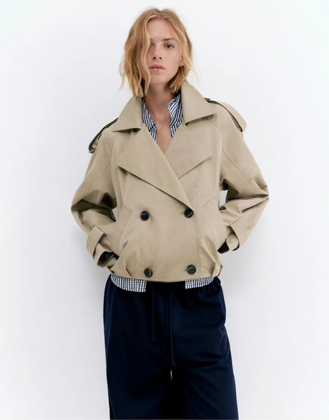  Pull & Bear Balloon Short Trench Coat In Sand Neutral 