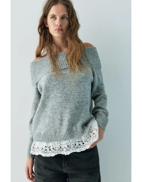  Pull & Bear Bardot Jumper With Combined Lace In Grey Marl 