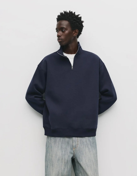  Pull & Bear Basic Quarter Zip Sweatshirt In Navy 