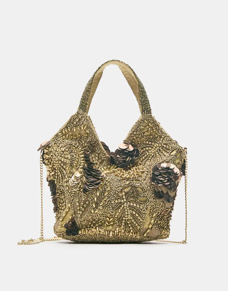  Pull & Bear Beaded Handbag In Gold Multi 