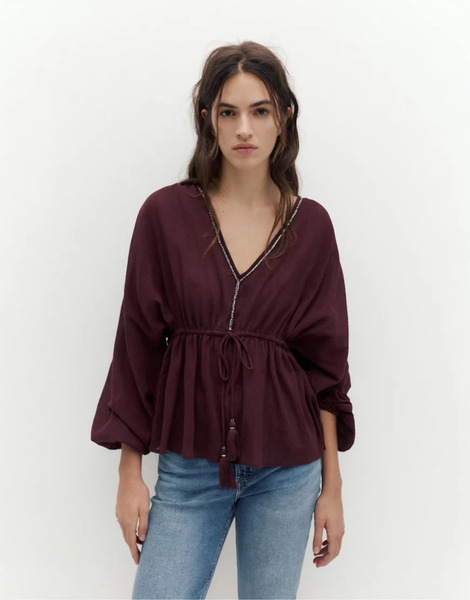 Pull & Bear Beaded Tie Front Shirt In Burgundy Red 