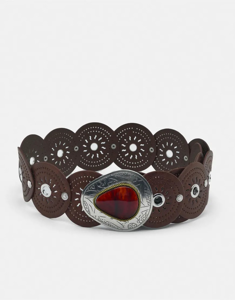  Pull & Bear Belt With Circle Buckle In Brown 
