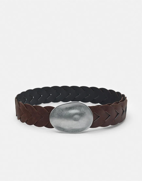  Pull & Bear Belt With Irregular Oval Buckle In Brown 