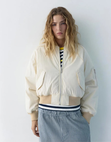  Pull & Bear Bomber Jacket With Label In Vanilla Neutral 