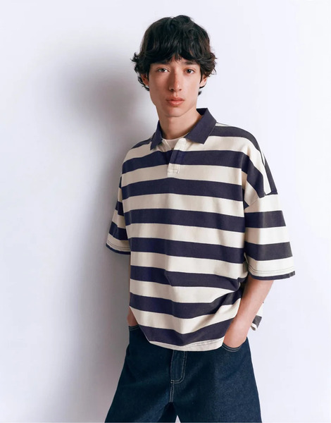  Pull & Bear Boxy Oversized Striped Polo Shirt In Blue 
