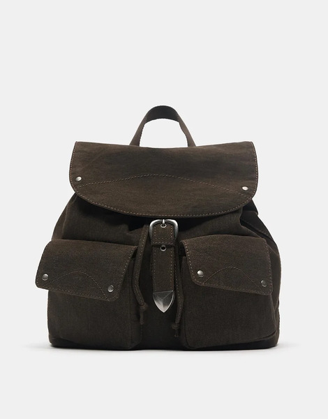  Pull & Bear Buckle Pocket Backpack In Brown 