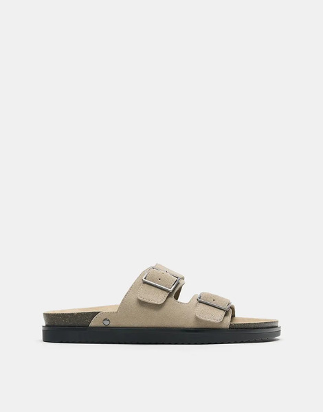  Pull & Bear Buckled Leather Flat Sandals In Ecru White 