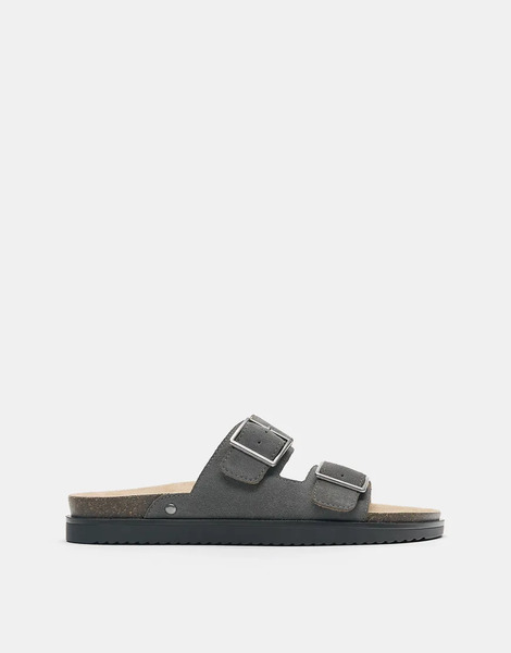  Pull & Bear Buckled Leather Flat Sandals In Grey 