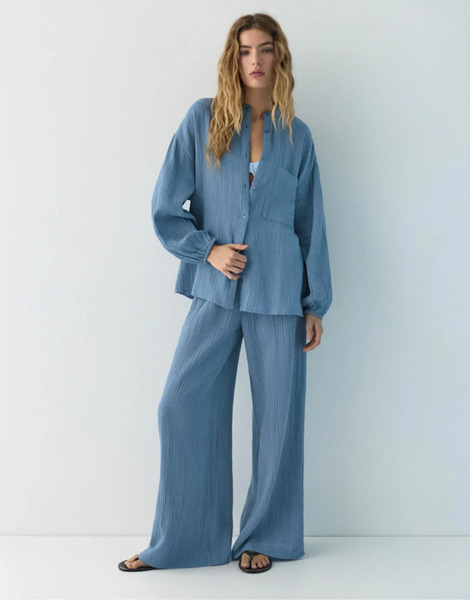  Pull & Bear Chiffon Stand Collar Shirt In Bluish Blue 