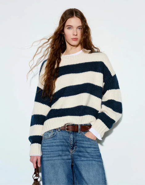  Pull & Bear Chunky Striped Knit Sweater In Navy 