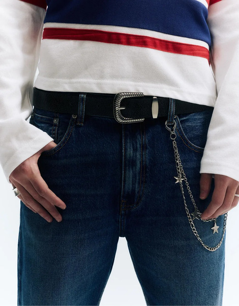  Pull & Bear Cowboy Belt With Crackled Finish In Black 