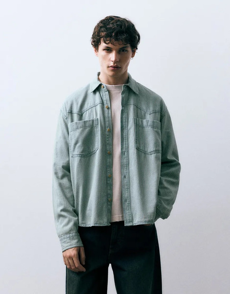  Pull & Bear Cowboy Striped Shirt In Blue 