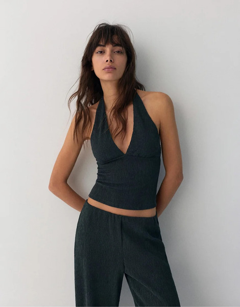  Pull & Bear Crepe Halter Neck Top In Blue Navy 