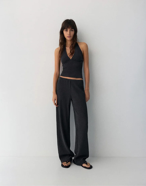  Pull & Bear Crepe Straight Leg Trousers In Blue Navy 