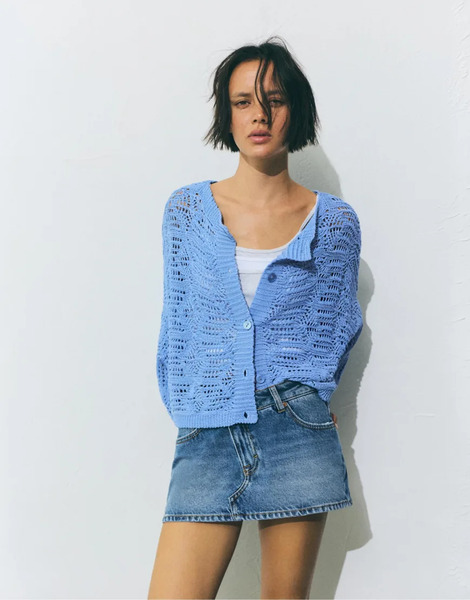  Pull & Bear Cutwork Knit Cardigan In Blue 