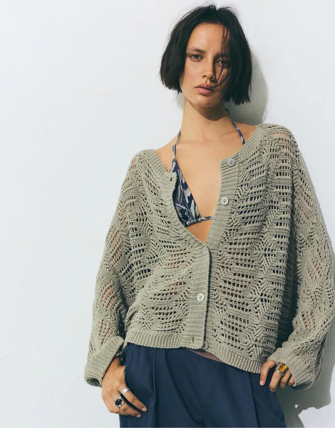  Pull & Bear Cutwork Knit Cardigan In Khaki Green 