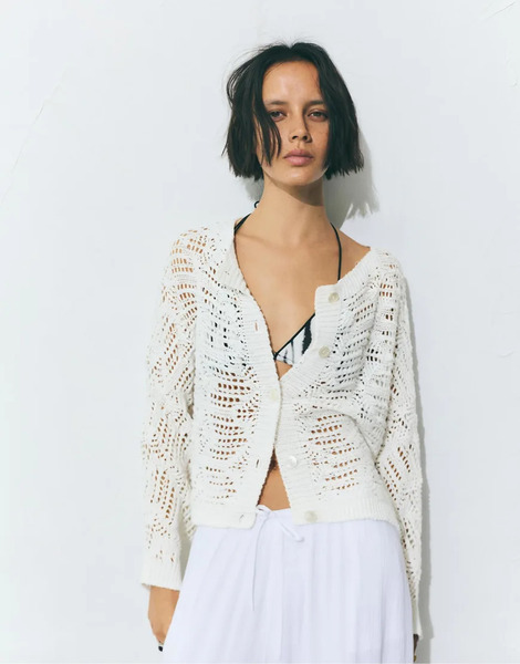  Pull & Bear Cutwork Knit Cardigan In White 